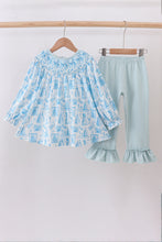 Load image into Gallery viewer, Blue snowman christmas tree smocked ruffle pants set