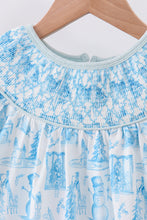 Load image into Gallery viewer, Blue snowman christmas tree smocked ruffle pants set