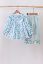 Load image into Gallery viewer, Blue snowman christmas tree smocked ruffle pants set