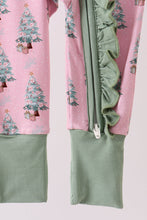 Load image into Gallery viewer, Pink christmas tree bamboo ruffle zipper romper