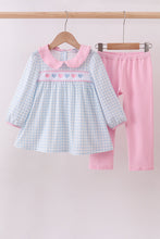 Load image into Gallery viewer, Blue heart embroidery gingham pants set