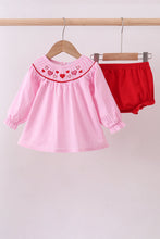 Load image into Gallery viewer, Pink heart smocked gingham bloomer set