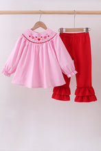 Load image into Gallery viewer, Pink heart smocked gingham ruffle pants set