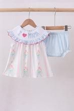 Load image into Gallery viewer, Blue floral I love MAMA smocked ruffle bloomer set