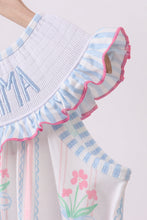 Load image into Gallery viewer, Blue floral I love MAMA smocked ruffle dress