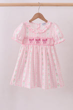 Load image into Gallery viewer, Pink floral bow smocked dress
