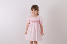 Load image into Gallery viewer, Pink floral bow smocked dress