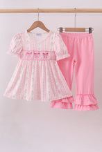 Load image into Gallery viewer, Pink floral bow smocked ruffle pants set