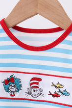 Load image into Gallery viewer, Blue character embroidery stripe ruffle romper