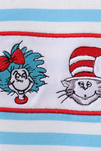 Load image into Gallery viewer, Blue character embroidery stripe ruffle romper