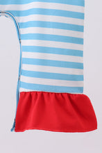 Load image into Gallery viewer, Blue character embroidery stripe ruffle romper