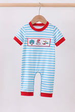 Load image into Gallery viewer, Blue character embroidery stripe romper