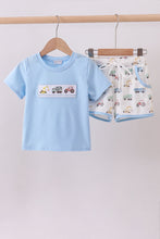 Load image into Gallery viewer, Blue car embroidery shorts set