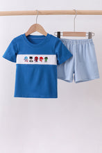 Load image into Gallery viewer, Blue character smocked gingham shorts set
