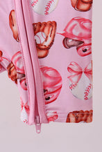 Load image into Gallery viewer, Pink bow baseball bamboo romper