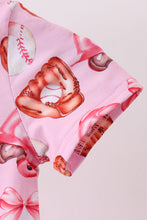 Load image into Gallery viewer, Pink bow baseball bamboo romper
