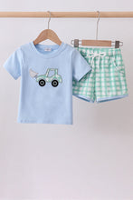 Load image into Gallery viewer, Blue engineering vehicle applique shorts set