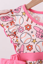 Load image into Gallery viewer, Pink baseball print ruffle shorts set