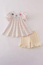 Load image into Gallery viewer, Neutral plaid french knot ruffle shorts set