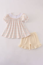 Load image into Gallery viewer, Neutral plaid french knot ruffle shorts set