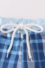 Load image into Gallery viewer, Navy plaid crab embroidery boy swim trunks