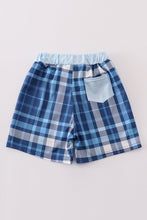 Load image into Gallery viewer, Navy plaid crab embroidery boy swim trunks