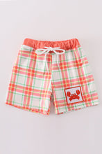 Load image into Gallery viewer, Orange plaid crab embroidery boy swim trunks
