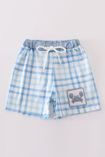 Load image into Gallery viewer, Blue plaid crab embroidery boy swim trunks