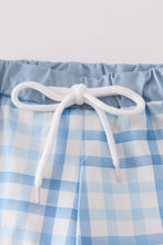 Load image into Gallery viewer, Blue plaid crab embroidery boy swim trunks