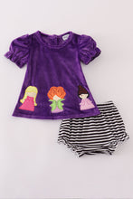 Load image into Gallery viewer, Purple Halloween witch applique velvet bloomer set