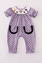 Load image into Gallery viewer, Purple Halloween dot witch embroidery romper