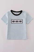 Load image into Gallery viewer, Blue Halloween spider embroidery stripe top