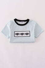 Load image into Gallery viewer, Blue Halloween spider embroidery stripe top