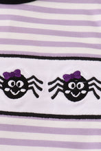 Load image into Gallery viewer, Purple Halloween spider embroidery stripe ruffle bubble