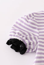 Load image into Gallery viewer, Purple Halloween spider embroidery stripe ruffle bubble