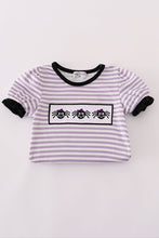 Load image into Gallery viewer, Purple Halloween spider embroidery stripe ruffle bubble