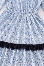 Load image into Gallery viewer, Blue floral print tiered mom ruffle dress