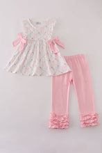 Load image into Gallery viewer, Pink floral bow print ruffle pants set