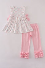 Load image into Gallery viewer, Pink floral bow print ruffle pants set