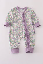 Load image into Gallery viewer, Purple floral print ruffle romper