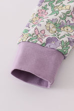 Load image into Gallery viewer, Purple floral print ruffle romper