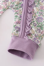 Load image into Gallery viewer, Purple floral print ruffle romper