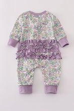 Load image into Gallery viewer, Purple floral print ruffle romper