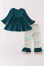 Load image into Gallery viewer, Blue dinosaur embroidery plaid ruffle pants set
