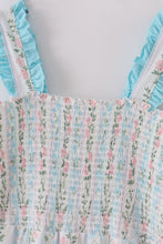 Load image into Gallery viewer, Blue floral print smocked mom dress
