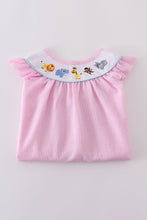 Load image into Gallery viewer, Pink seersucker animal embroidery dress