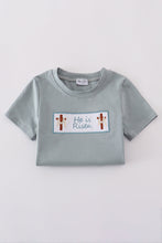Load image into Gallery viewer, Blue he is risen embroidery top