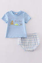 Load image into Gallery viewer, Blue plaid he is risen embroidery bloomer set