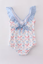 Load image into Gallery viewer, Blue bow lattice print mom swimsuit