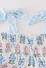 Load image into Gallery viewer, Blue hydrangea bow print ruffle bloomer set